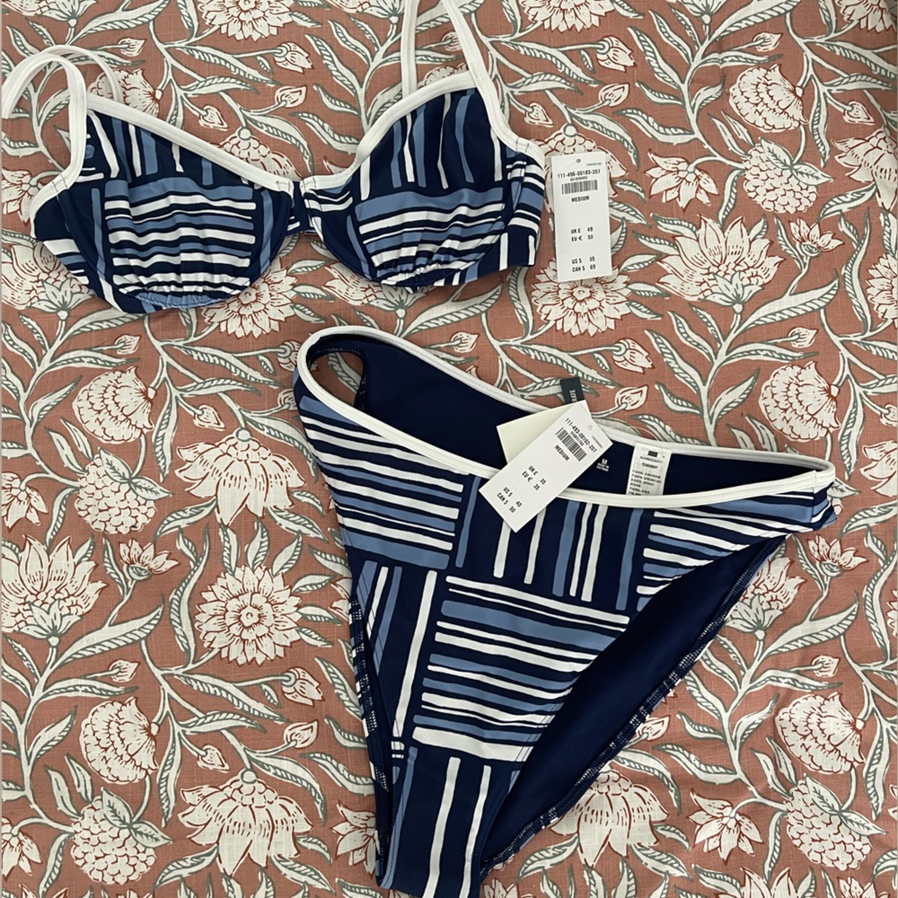 Striped Navy & White Bikini Set - Women's Swim